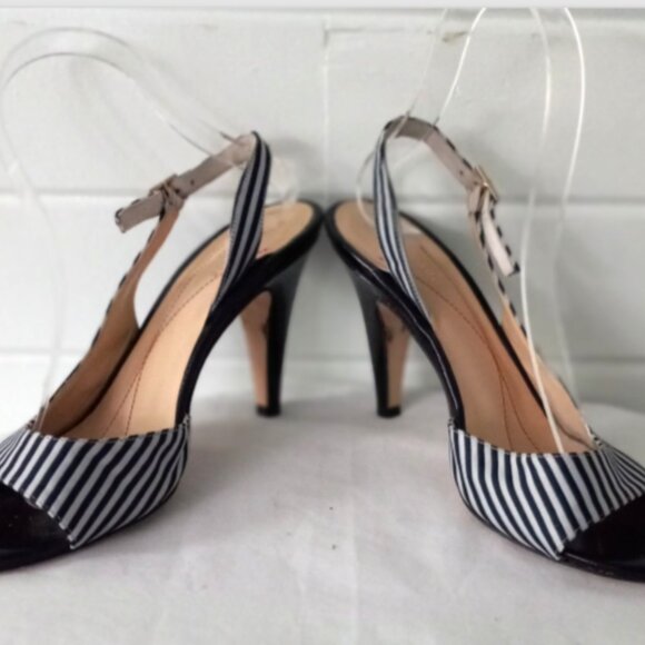 Kate Spade Slingback Heels Sz 6.5 B Black White Pinstripe Made in Italy - Picture 3 of 11